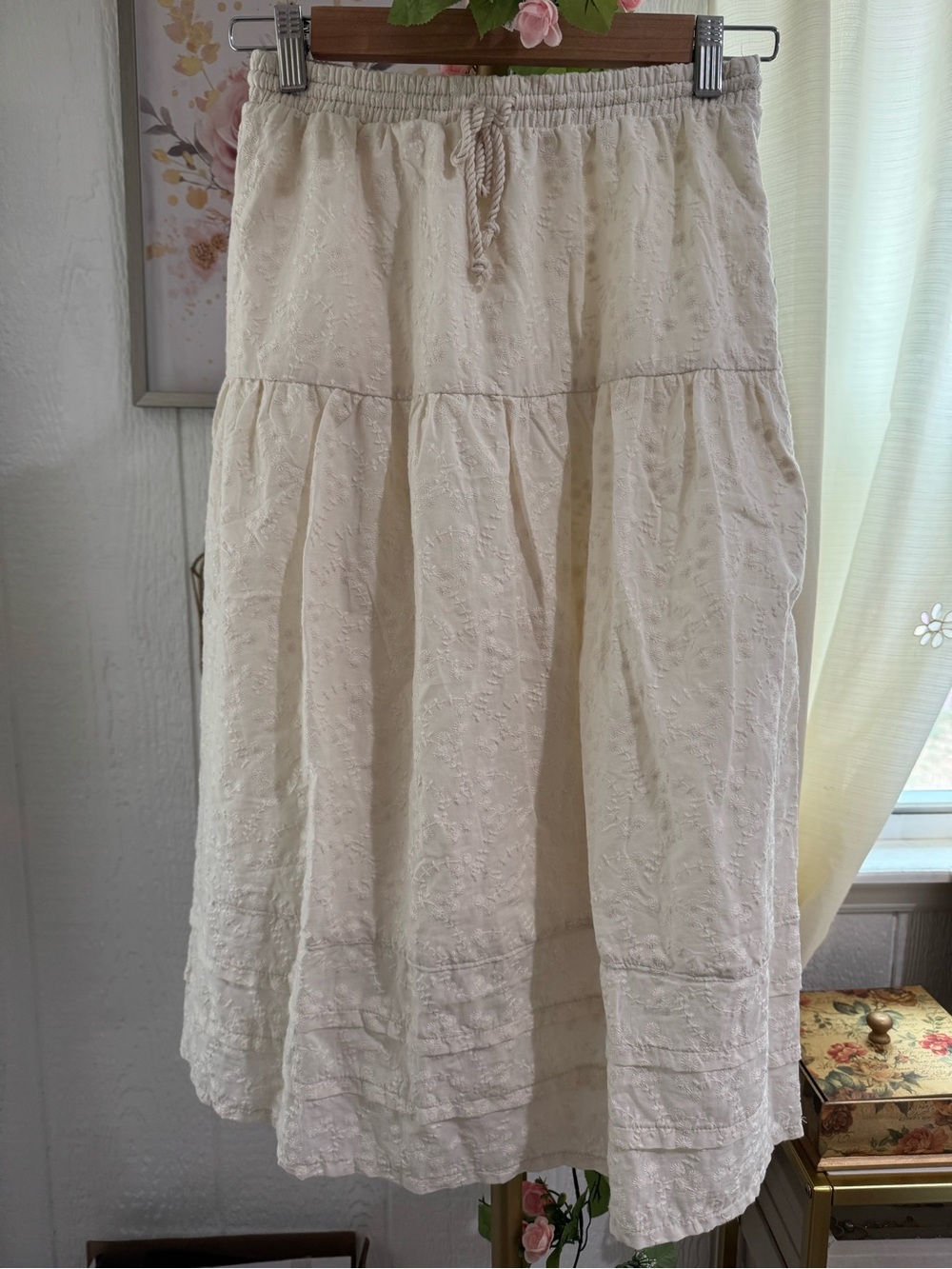 Boho Embroidered Tiered Midi Skirt